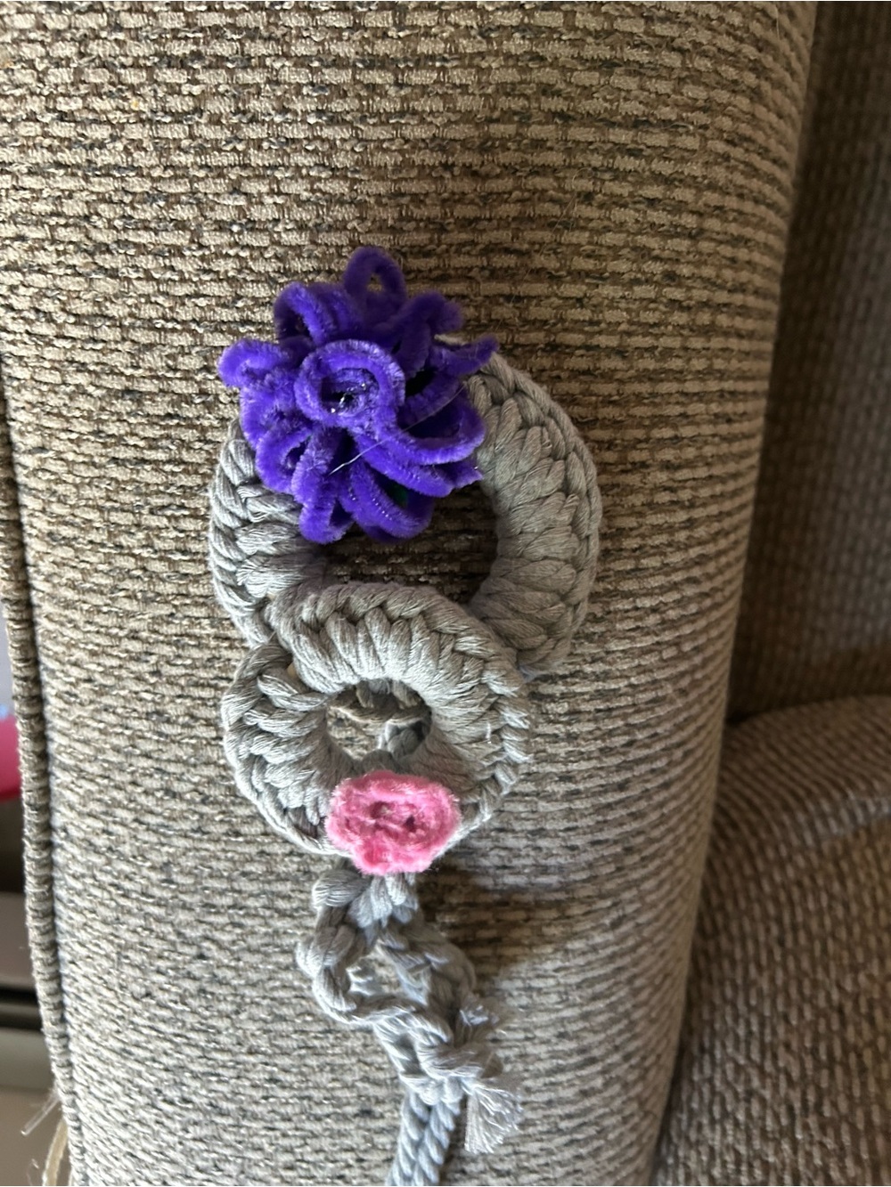 Handmade Gray Macramé Necklace with Purple & Pink Accents
